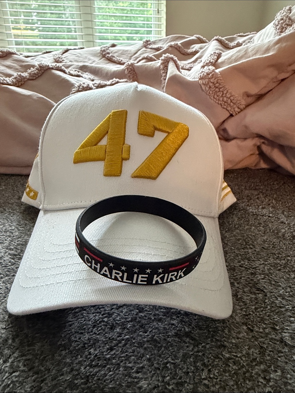White Cap with Yellow '47' Patch and Charlie Kirk Wristband